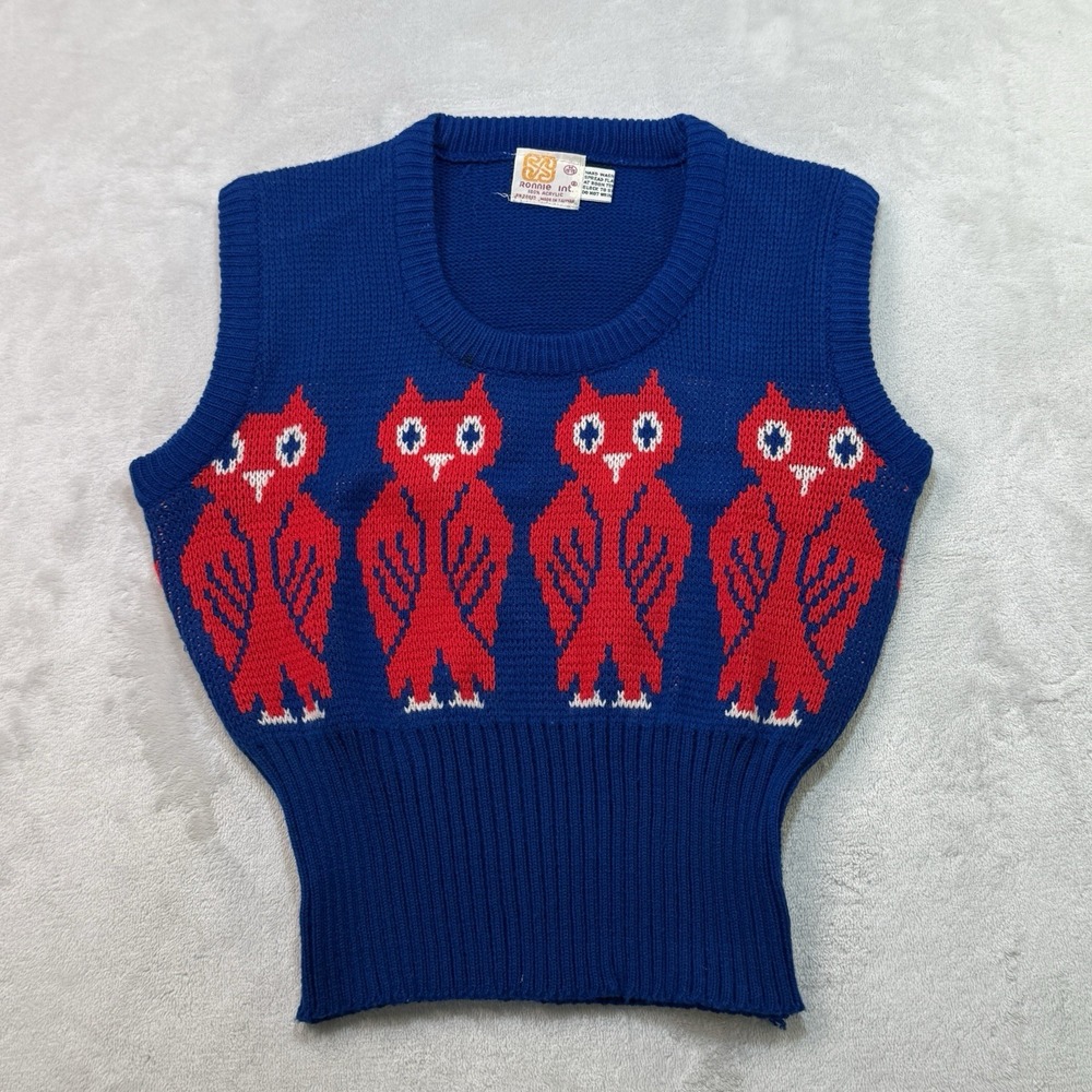 Vintage Ronnie Int Owl Sweater Vest Blue Red Knit 70s 80s Novelty Retro